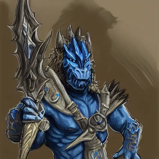 Image similar to fantasy concept art; portrait of a blue dragonborn wielding an axe; barbarian clothing; detailed sketch