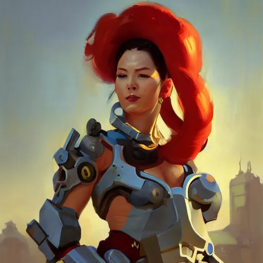 Image similar to greg manchess portrait painting of a female ironman as overwatch character, medium shot, asymmetrical, profile picture, organic painting, sunny day, matte painting, bold shapes, hard edges, street art, trending on artstation, by huang guangjian, gil elvgren, ruan jia, greg rutkowski, gaston bussiere