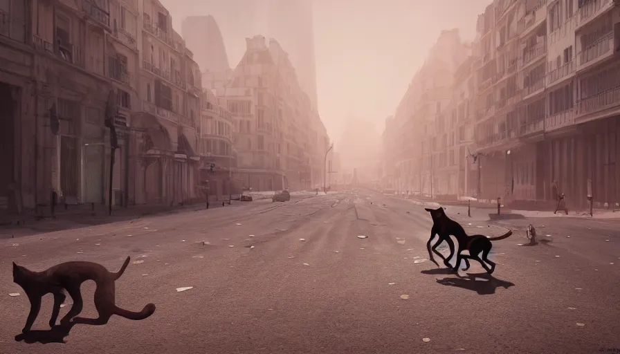 Prompt: cats crossing empty dusty streets of abandoned paris, heat wave, hyperdetailed, artstation, cgsociety, 8 k