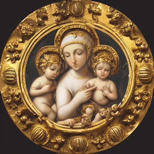 Image similar to Saint Woman, Putti, Venus, Athena, Sistina, baroque, marble and gold, stars, space, sun, pomegranade, pinecone, bronze