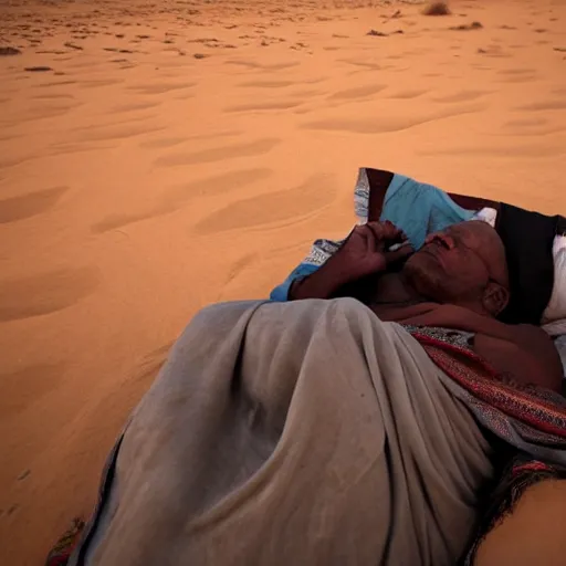 Prompt: a photo of Ghandi sleeping rough in the Sahara during eclipse sunrise, perfect lighting