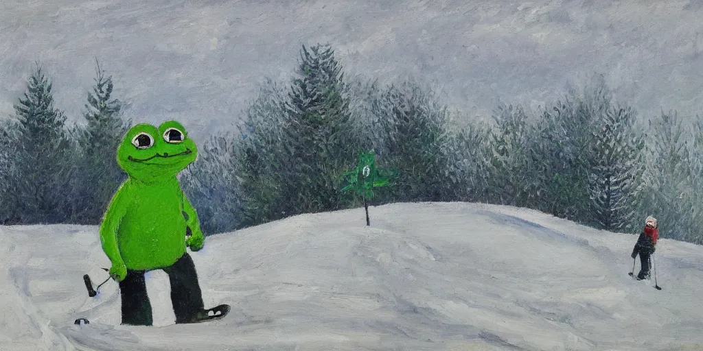 Image similar to pepe the frog snowboarding, gloomy landscape, expressive oil painting by christopher radlund and camille pissaro