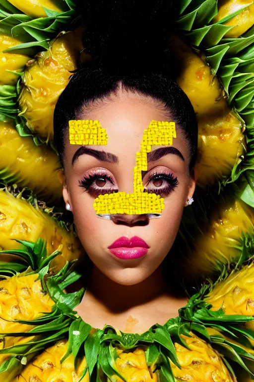 Image similar to doja cat as a dole pineapple, human face in the shape of a pineapple, professional food photography, dole pineapple