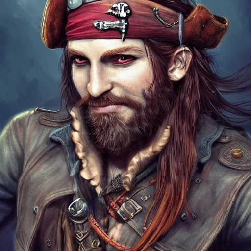 Image similar to rugged playful pirate, 3 0 years old, male, handsome, masculine, red hair, long hair, soft hair, fantasy, intricate, elegant, highly detailed, steampunk, airship, digital painting, artstation, concept art, character art, smooth, sharp focus, illustration, art by artgerm