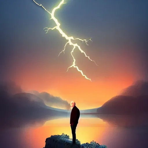 Image similar to krubi is happy to pose with orban next to lake balaton sunset, highly detailed illustration, trending on artstation, hyper realistic, ambient lightning