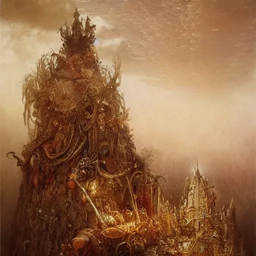 Prompt: Ellen Jewett, beautiful surreal palatial pudding at dawn, gustave dore, ferdinand knab, Hans Andersen Brendekilde