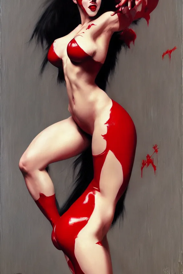 Prompt: Close up of full body of Vampirella, oil on canvas, artgerm, hyperrealistic, norman rockwell, craig mulins, trending on pxiv