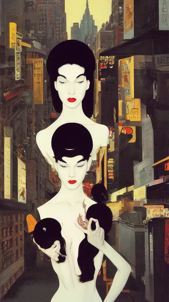 Image similar to a tall and beautiful pale woman with very black hair with a crown on her head walk in the streets of new york circa 1 9 8 4 edward hopper and james gilleard, surreal, open ceiling, highly detailed, airbrush, ilya kuvshinov, wlop, stanley artgerm, very coherent, art by takato yamamoto and james jean