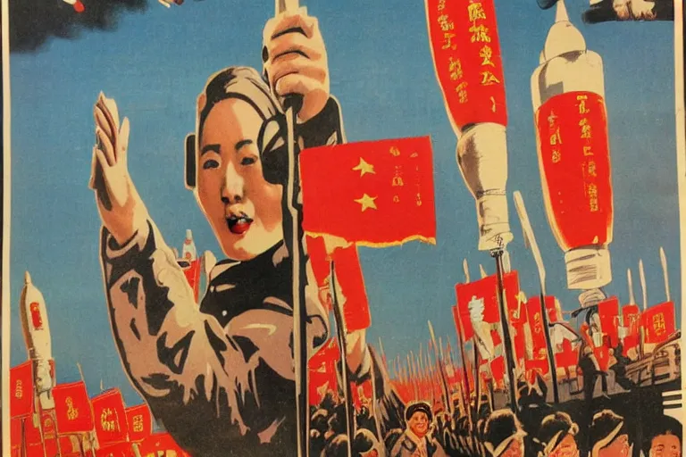 Prompt: vintage poster chinese cultural revolution propaganda, realistic, grain, rockets, astronauts