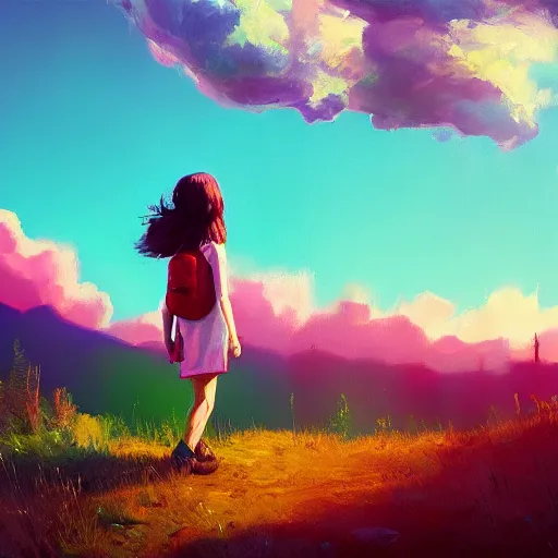 Image similar to giant daisy flower head, girl hiking in the mountains, surreal photography, sunrise, dramatic light, impressionist painting, colorful clouds, digital painting, artstation, simon stalenhag