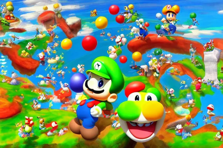 Image similar to painting wonderland marioworld yoshi kurbi dofus acrylic 3 d real