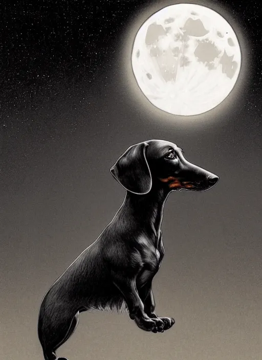 Image similar to a dachshund howling at the moon dark colors, sinister atmosphere, dramatic lighting, cinematic, establishing shot, extremely high detail, photo realistic, cinematic lighting, pen and ink, intricate line drawings, by Yoshitaka Amano, Ruan Jia, Kentaro Miura, Artgerm, post processed, concept art, artstation, matte painting, style by eddie mendoza, raphael lacoste, alex ross