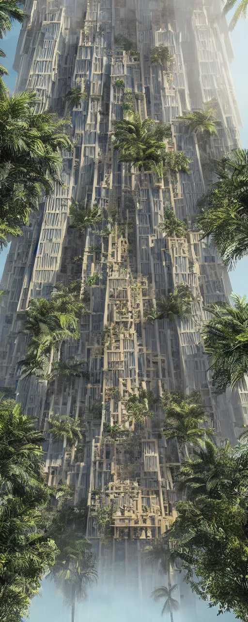 Prompt: epic eye level view of a contemporary tower, golden intricate details, stone facade, sacred architecture, hanging gardens, cascading highrise, arid mountains with lush palm forest, photorealistic, sunlight, 8 k, post - production, octane, cgi, sfx