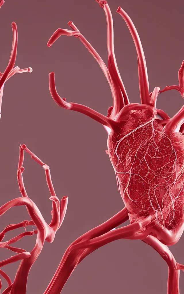 Prompt: intricated scientific medical 3d animation of the muscles and veins of a crushed big arterie with a heart in their hands photography 3d octane plastic render greenchromakey