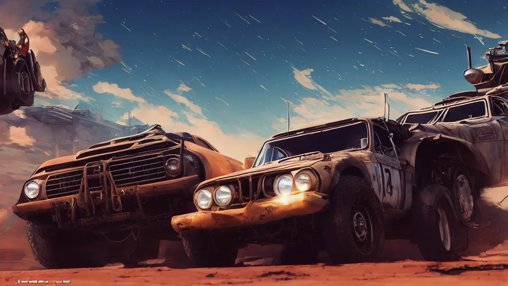 Image similar to anime illustration of mad max's fj 4 0 pursuit special, the last v 8 interceptor driving down to the gates of valhalla highway, riding fury road eternal shiny and chrome, world of fire and blood, by makoto shinkai, ilya kuvshinov, lois van baarle, rossdraws, basquiat, global illumination ray tracing hdr