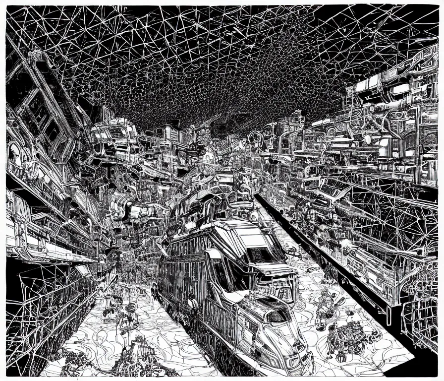 Prompt: empty very dark cargo hall and large corridor of huge huge space ship containing cages with cosmic animals ultra detailed ink drawing by james jean