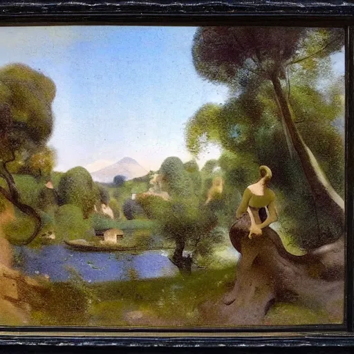 Prompt: A beautiful sculpture of of a landscape. It is a stylized and colorful view of an idyllic, dreamlike world with rolling hills, peaceful looking animals, and a flowing river. The scene looks like it could be from another planet, or perhaps a fairy tale. CCTV by Camille Corot, by Adolph Menzel terrifying