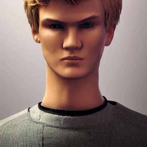 Image similar to a realistic detailed photo of a guy who is an attractive humanoid who is half robot and half humanoid, who is a male android, soccer player martin ødegaard, shiny skin, posing like a statue, blank stare, in a living room, on display