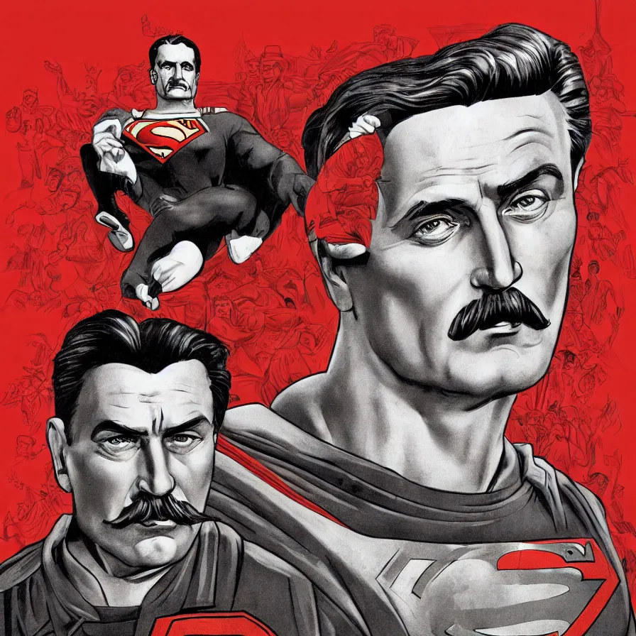 Image similar to epic comic book cover of stalin as superman floating over the red square ( moscow ), soviet propaganda poster, socialist realism, aesthetically pleasing, finely detailed facial features, photorealistic, intricate digital art, trending artstation, artgem, rich moody colors, fan art, concept art, in the style of the red son and invincible