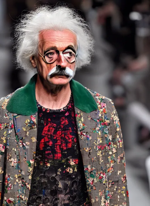 Image similar to hyperrealistic and heavy detailed gucci runway show of albert einstein, leica sl 2 5 0 mm, vivid color, high quality, high textured, real life