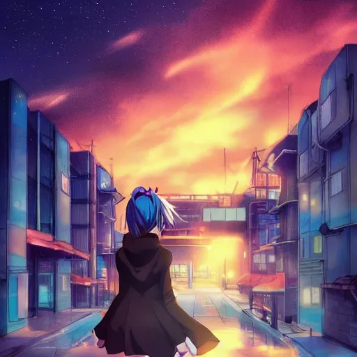 Prompt: Astonishing Pixiv 8K Splash art of an Anime Key Visual Pinterest loli with blond hair and cute pigtails who wears a blue coat with a hood and black shorts when practicing parkour through a big modern city in twilight from Unsplash. She does a superhero pose against a cinematic dark scene of an HDR sunset with faint orange light in Studio Ghibli style. Amazing piece Trending on Artstation and DeviantArt, dynamic lighting,