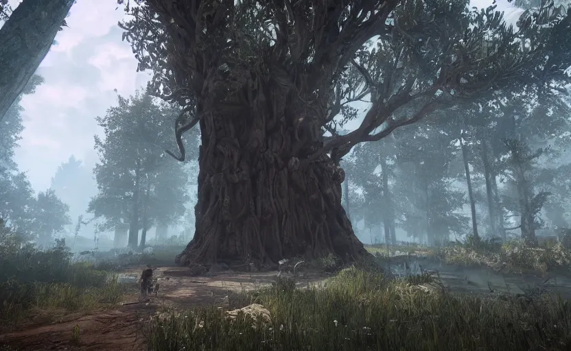 Image similar to secret entrance to giant ancient tree, background of the witcher game