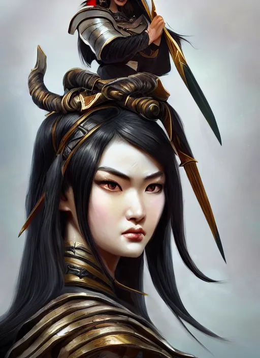 Prompt: a highly detailed illustration of fierce black haired mongol warrior woman with bow, heroic shooting bow pose, perfect hyperdetailed face, intricate, elegant, highly detailed, centered, digital painting, artstation, concept art, smooth, sharp focus, league of legends concept art, wlop.