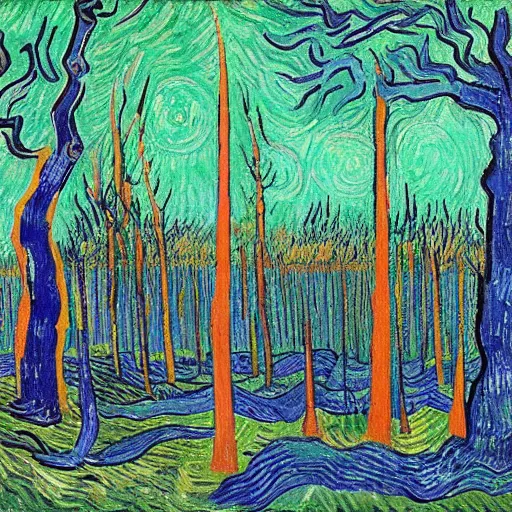 Image similar to fluo trees with eyes and body parts by van gogh