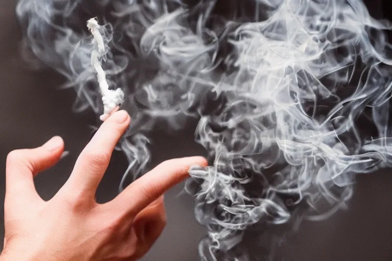 Image similar to Close-up of thin soft hand, five fingers, hand with cigarette with smoke, hand with five fingers, hyper realistic, high details, photo, super resolution