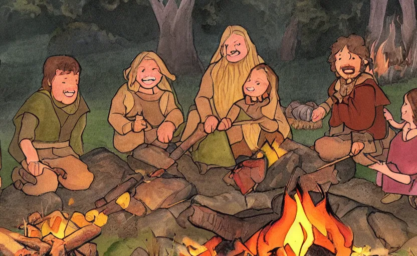 Image similar to childrens book illustration of the fellowship of the ring making s'mores around a campfire