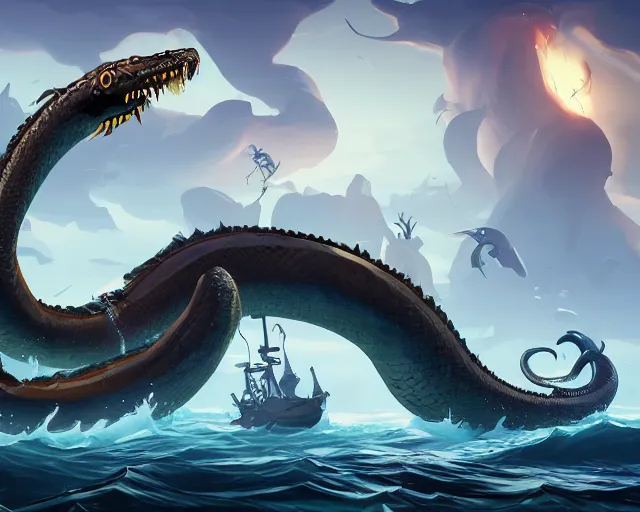 Image similar to sea of thieves animal boss character concept art for a gigantic sea serpent snake leviathan, cgsociety, trending on artstation, rare ltd,