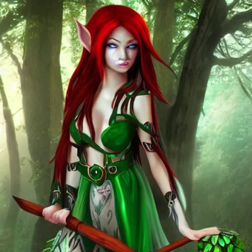 Prompt: a beautiful Druid elf girl with red hair and glowing green eyes