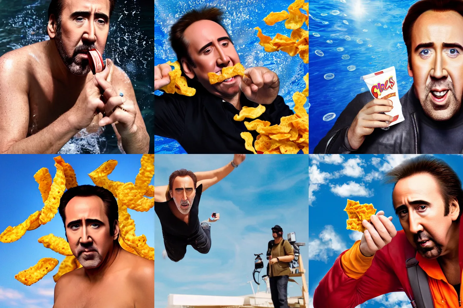 Prompt: Nicolas Cage swimming through the sky, eating Fritos, DSLR photography 4k