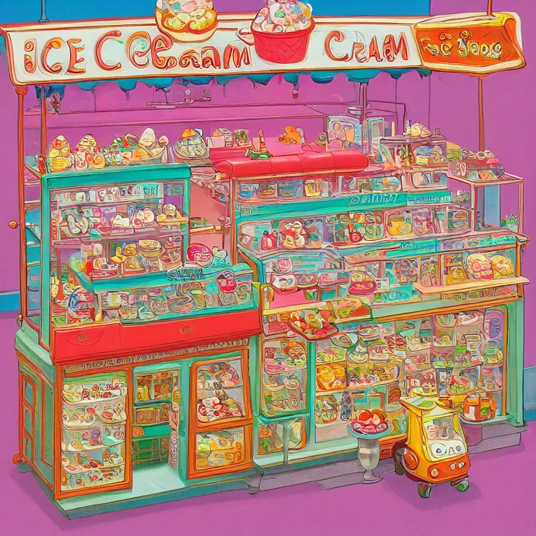 Prompt: ice cream shop, by richard scarry, intricate detail, HD, trending on artstation, fluorescent accents
