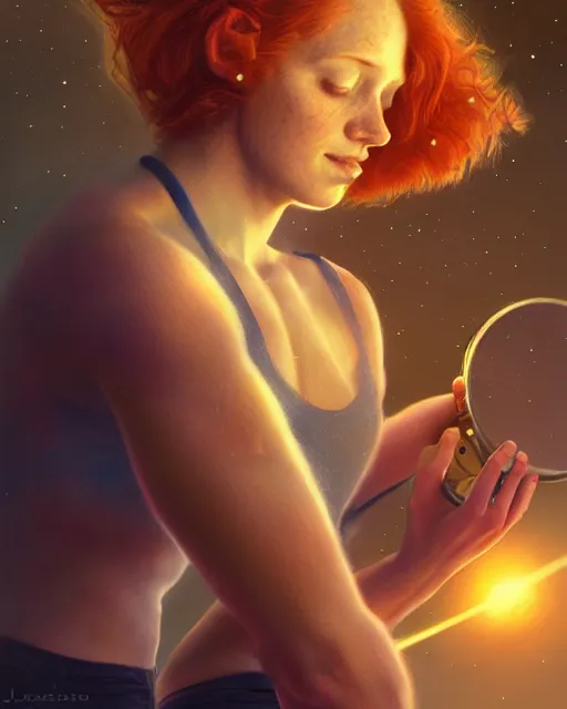 Image similar to female astronomer using telescope, perfect face, halter top, ginger hair, abs, cinematic, freckles, stunning, athletic, strong, agile, highly detailed, psychedelic, digital painting, artstation, smooth, hard focus, illustration, art by jessica rossier and and brian froud