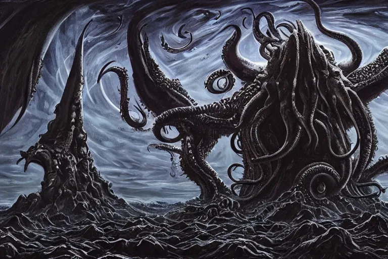 Image similar to man is seeing old god eldritch horror cthulhu terrifying the night sky of a city, epic scene, hyper - detailed, gigantic cthulhu, photo - realistic wallpaper, dark art, oil paint