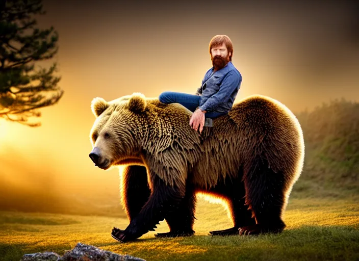 Image similar to portrait photo of chuck norris riding his ( real life! fluffy grizzly bear ), to work at dawn. fantasy magic style. highly detailed 8 k. intricate. lifelike. soft light. sony a 7 r iv 5 5 mm. nature photography.