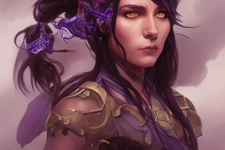 Image similar to Attractive Tiefling Druid, She has light brown skin, dark purple hair, and silver eyes full body, dungeons and dragons portrait, highly detailed, digital painting, artstation, concept art, sharp focus, illustration, art by artgerm and greg rutkowski and alphonse mucha