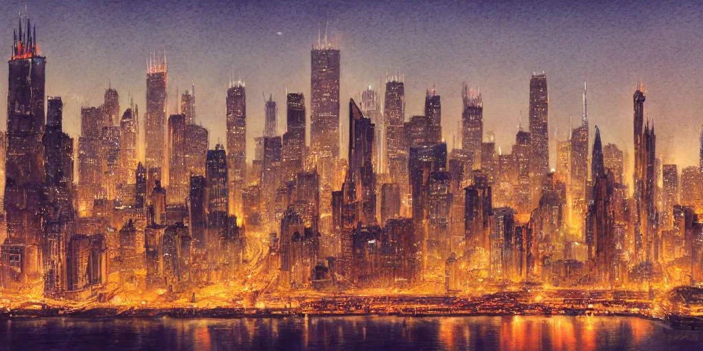 Image similar to cartoonish chicago city skyline in the night, vivid colors, character sheet, fine details, concept design, contrast, kim jung gi, greg rutkowski, watercolor, trending on artstation, 8 k, full body, turnaround, front view, back view, ultra wide angle