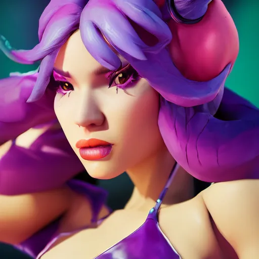 Prompt: still of pretty KDA More Miss Fortune (wild rift) close up in KDA More music video. 3d render, octane render, game art, realistic, highly detailed, trending on artstation, 4k, trending on artstation, cgsociety, unreal engine 5, redshift render, trending on artstation, blender, behance, cg