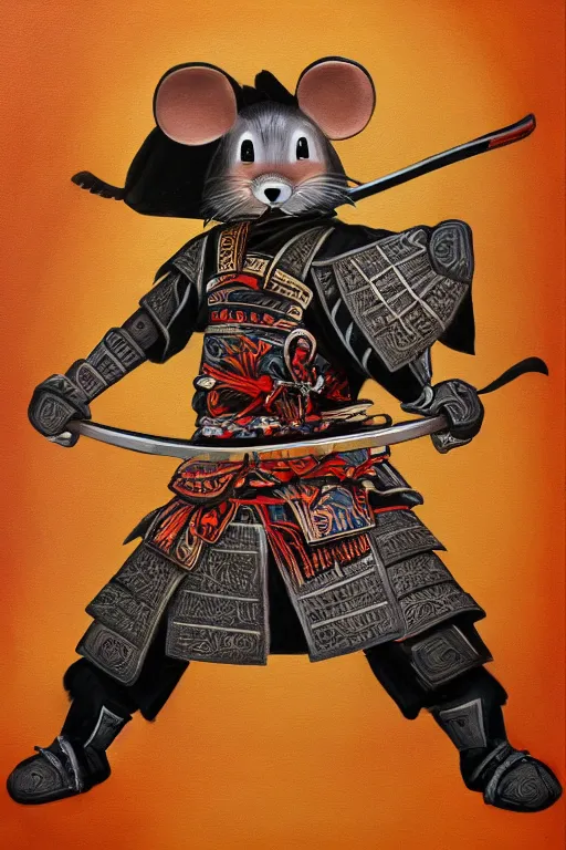 Prompt: samurai warrior mouse, full body pose, traditional painting, award winning, trending on Artstation, symmetrical 8k, UHD