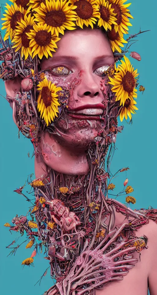 Prompt: cinema 4d colorful render, organic, ultra detailed, of a painted realistic face with growing sunflowers, scratched. biomechanical cyborg, blood dripping from the face, analog, macro lens, beautiful natural soft rim light, smoke, veins, neon, winged insects and stems, roots, fine foliage lace, pink and pink details, art nouveau fashion embroidered, intricate details, mesh wire, computer components, anatomical, facial muscles, cable wires, elegant, hyper realistic, ultra detailed, 8k post-production