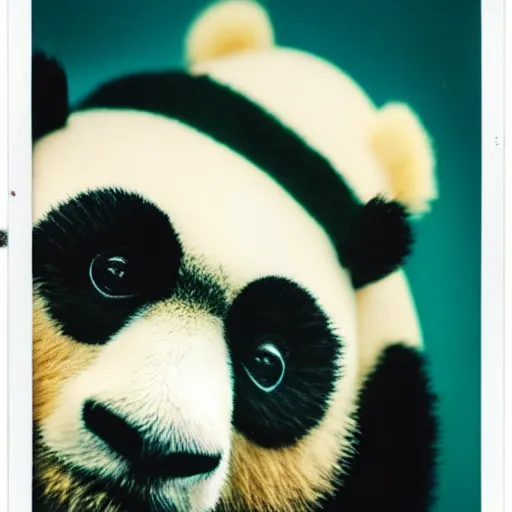 Prompt: grainy head to shoulder portrait polaroid film photograph of a panda in a mall wearing aviator shades. plain teal background with polkadots. super resolution. surreal. extremely detailed. polaroid 6 0 0 film. by annie leibovitz and richard avedon