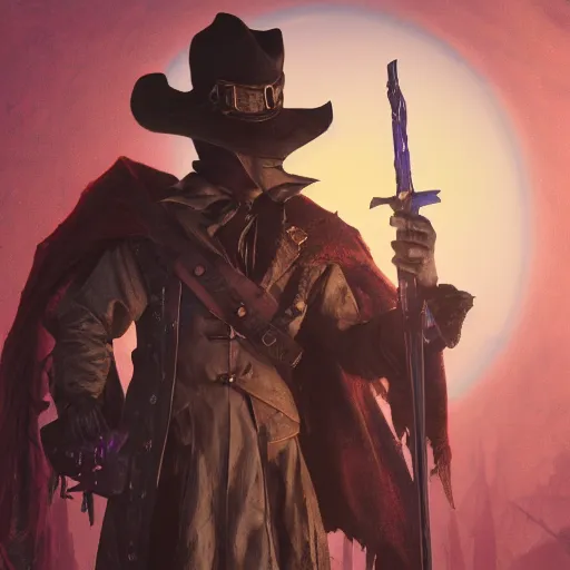 Image similar to a detailed 3 d render of darkwing duck dressed as the hunter from bloodborne, let's get dangerous, digital art, dark fantasy, concept art, soulslike, by alphonse mucha, blood moon eclipse, wherewolves in a ruined building in the background, artstation, 8 k, unreal engine render