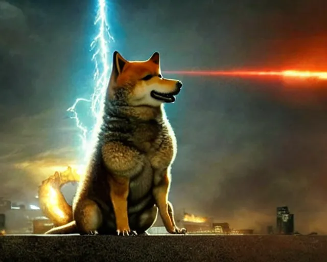 Image similar to godzilla as a shiba inu in a Godzilla: King of the Monsters still film directed by Christopher Nolan, shooting beams from its mouth and toppling over cities, epic action scene