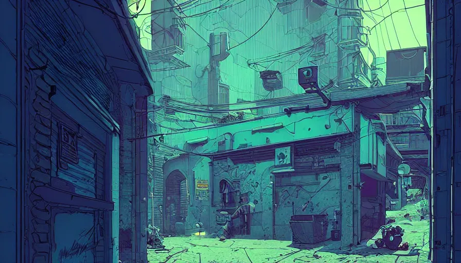 Prompt: an alley from counter strike global offensive by moebius and kilian eng, atmospheric, fine details, vivid, neon, masterpiece