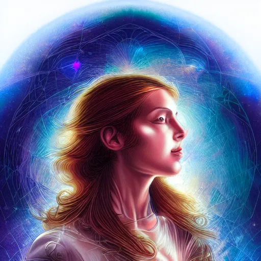 Image similar to beautiful portrait of intelligence, spatial space deformation in latent space, hologram, math art, astral plane, by artgerm and dan mumford and gustave dore, artstation