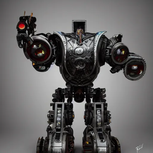 Image similar to cyberpunk medieval mechanical robot with looking straight by Vitaly Bulgarov, front view