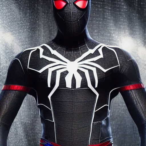 Image similar to black spider - man suit with white web lining, cinematic, volumetric lighting, realistic, hyperdetailed, photorealistic, photograph