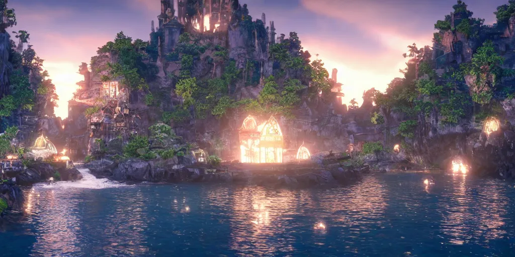 Prompt: beautiful and immersive magical town, magical buildings, bioluminescent forest surrounding, gentle rivers flowing through town, award - winning cinematography - cinematic lighting, dramatic lighting, stunning and beautiful view - unbelievably amazing - highly detailed, hyperrealistic, unreal engine 5, in the style of kingdom hearts and final fantasy